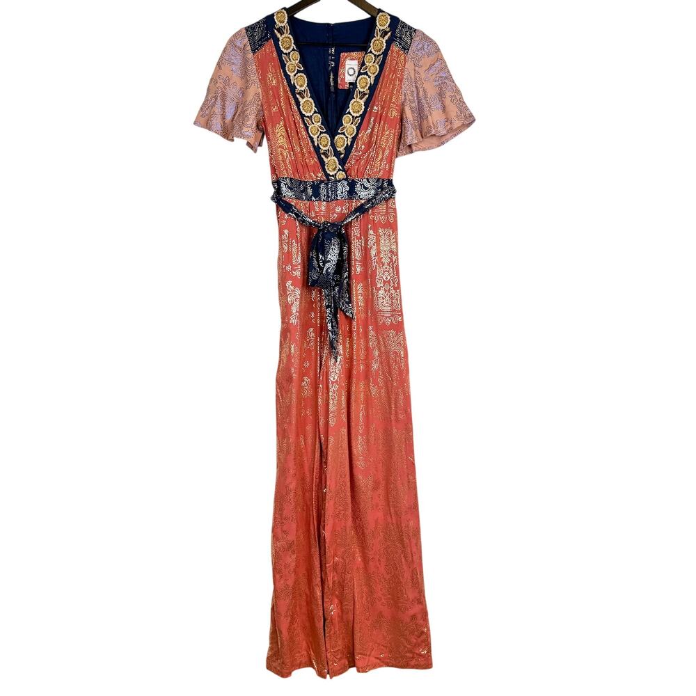 Anthropologie Akemi + Kin Sofia Metallic Jumpsuit Wide Leg Orange Blue - 0 US